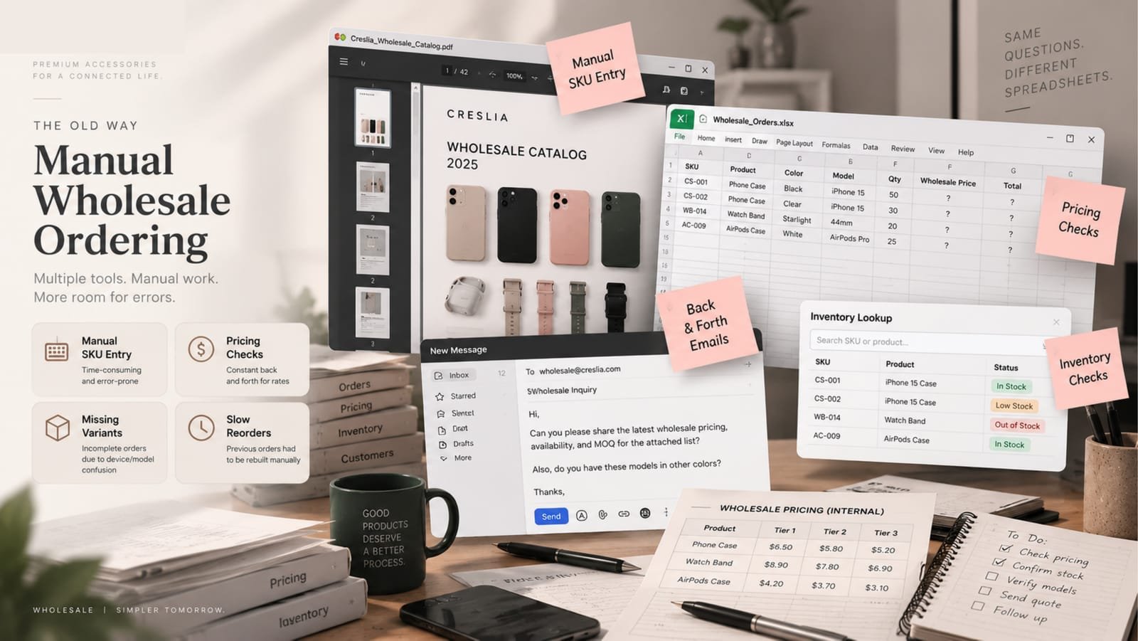Before: wholesale ordering by PDF catalogue, spreadsheet and email