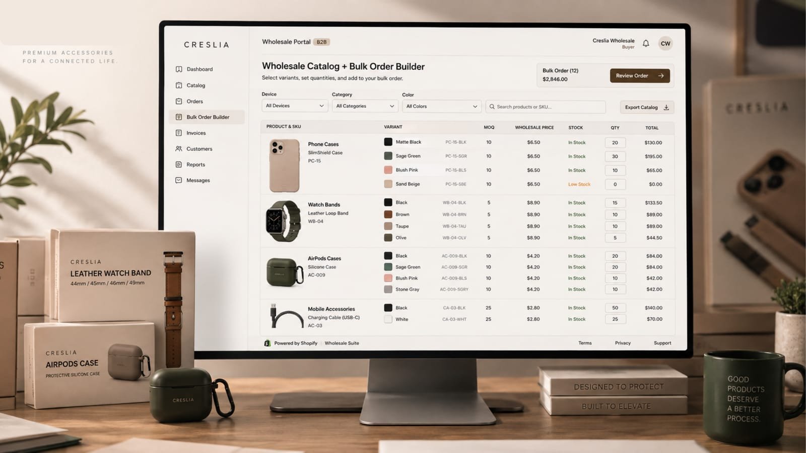Creslia's wholesale catalogue and bulk order builder on a desktop monitor
