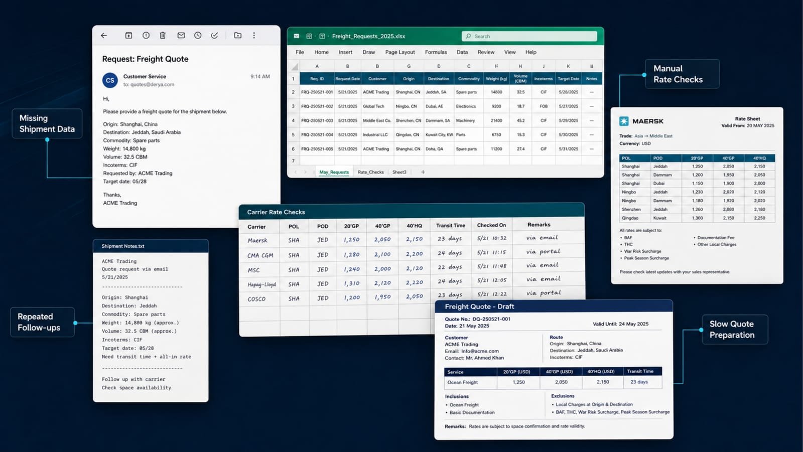 Before: quoting by email, spreadsheet and carrier rate sheet
