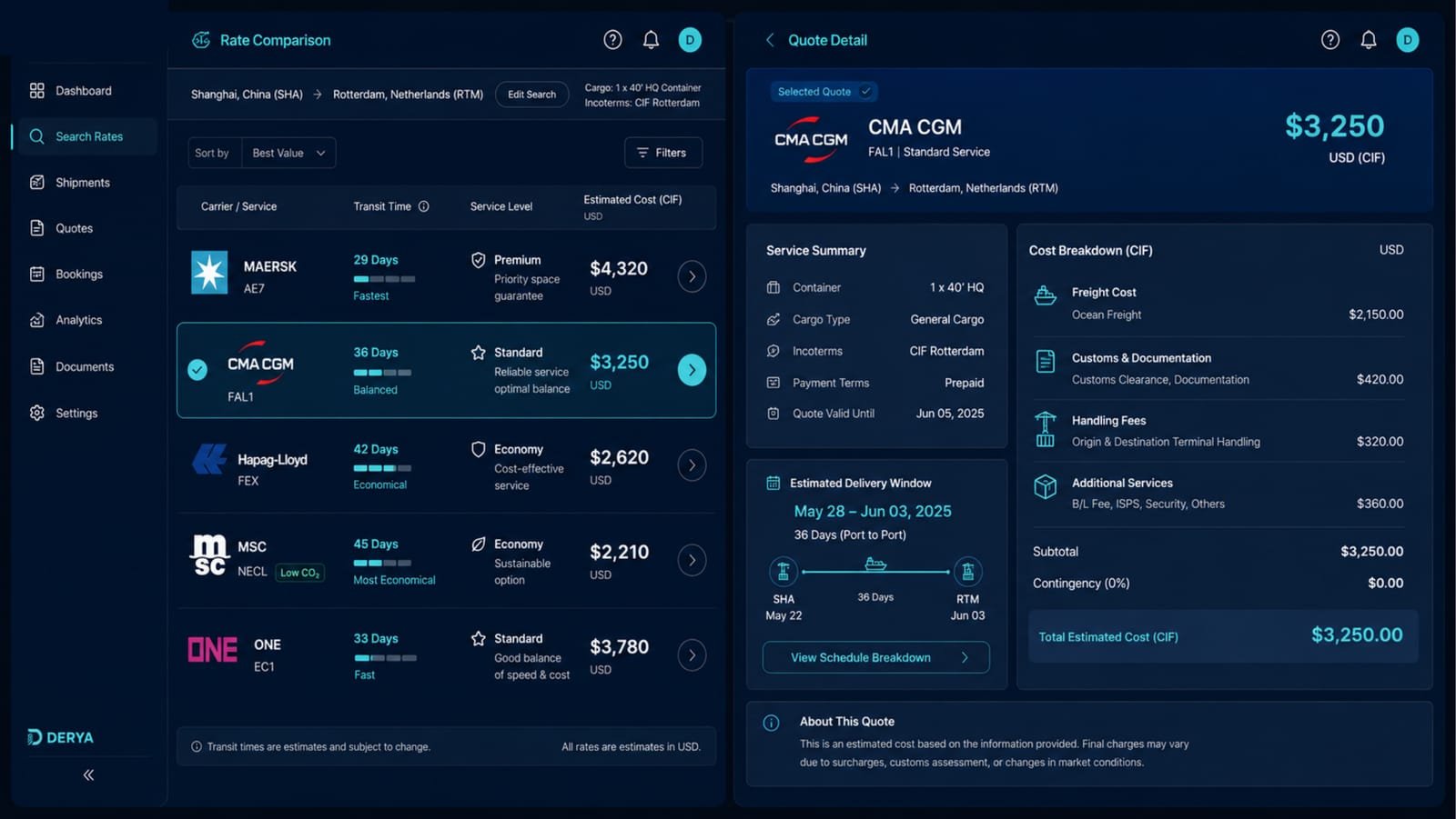 Carrier rate comparison and quote breakdown in Derya's platform