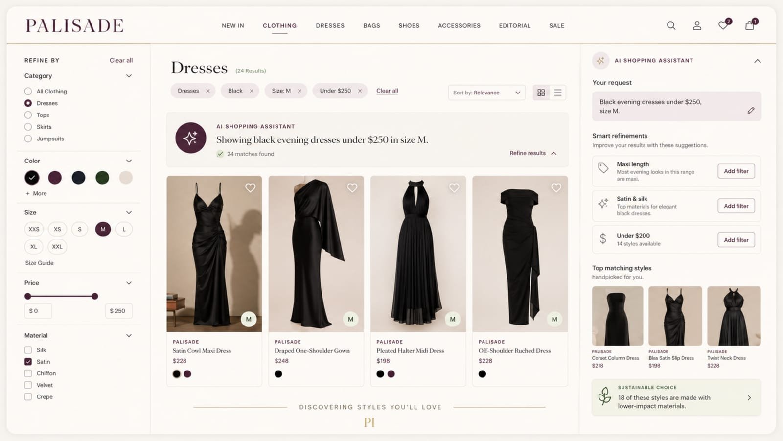 Palisade's AI shopping assistant on a dresses listing page