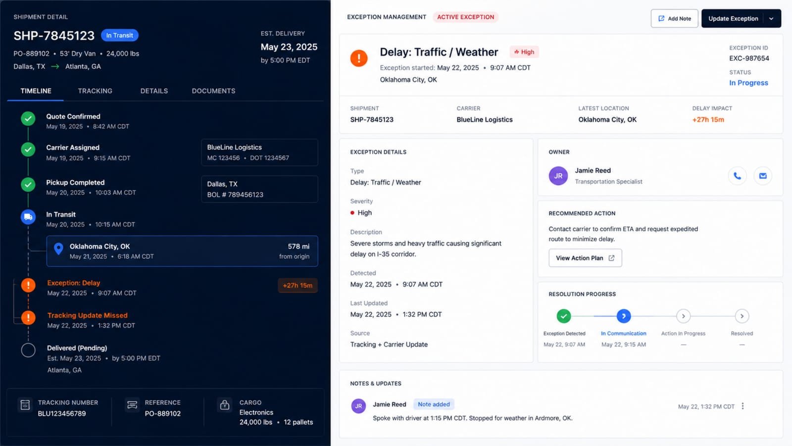Shipment detail timeline beside exception management
