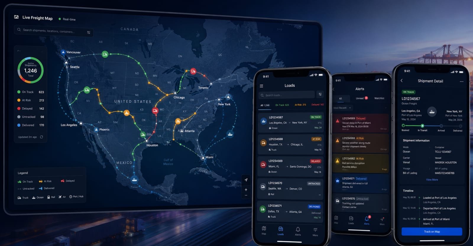 Live freight map with the mobile app's loads, alerts and shipment detail
