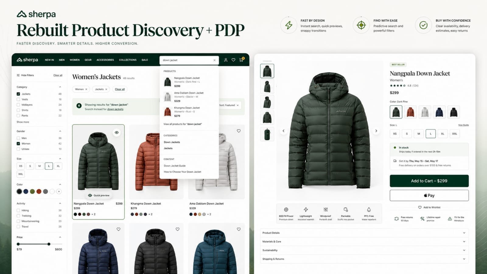 Rebuilt product discovery with predictive search, beside the product detail page