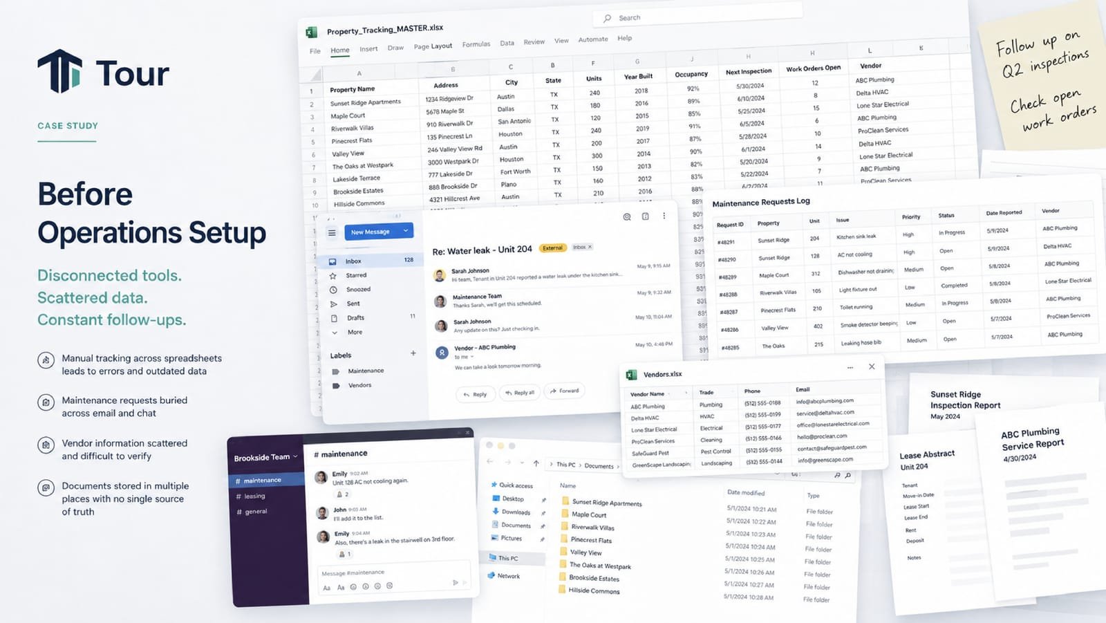 Before: operations spread across spreadsheets, email, chat, folders and PDFs