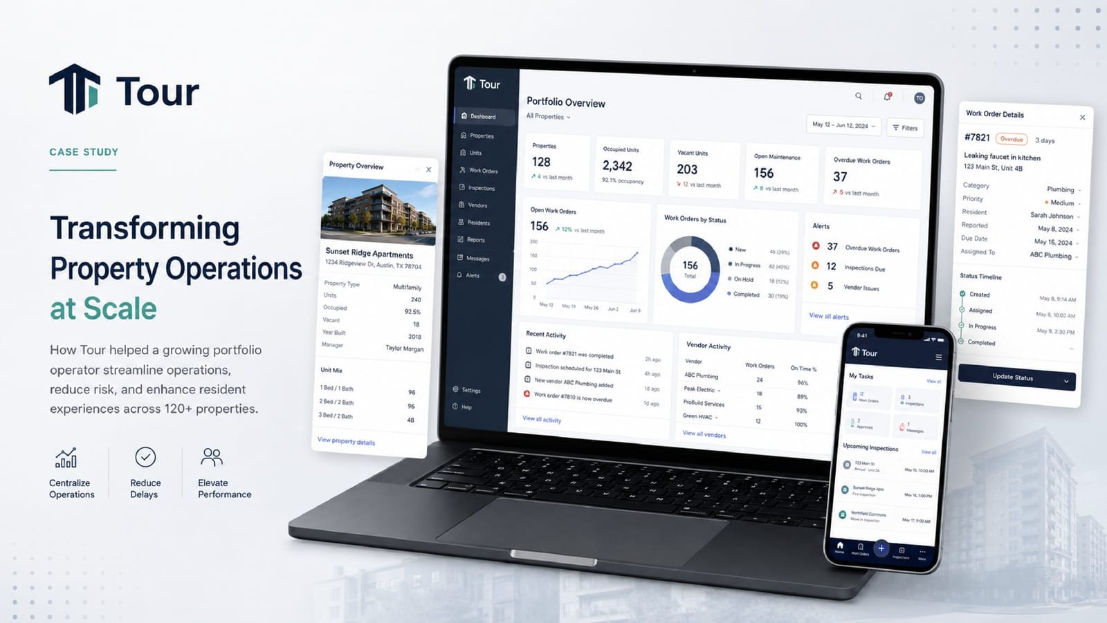 Tour's operations platform on a laptop, with property and work order cards and a phone