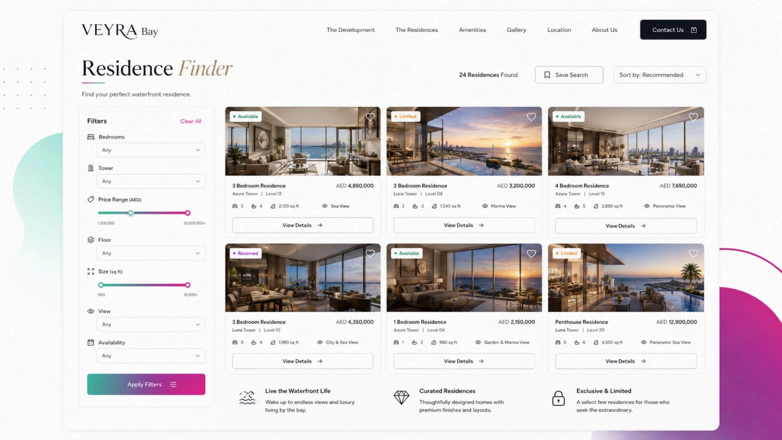 Residence finder with filters and availability