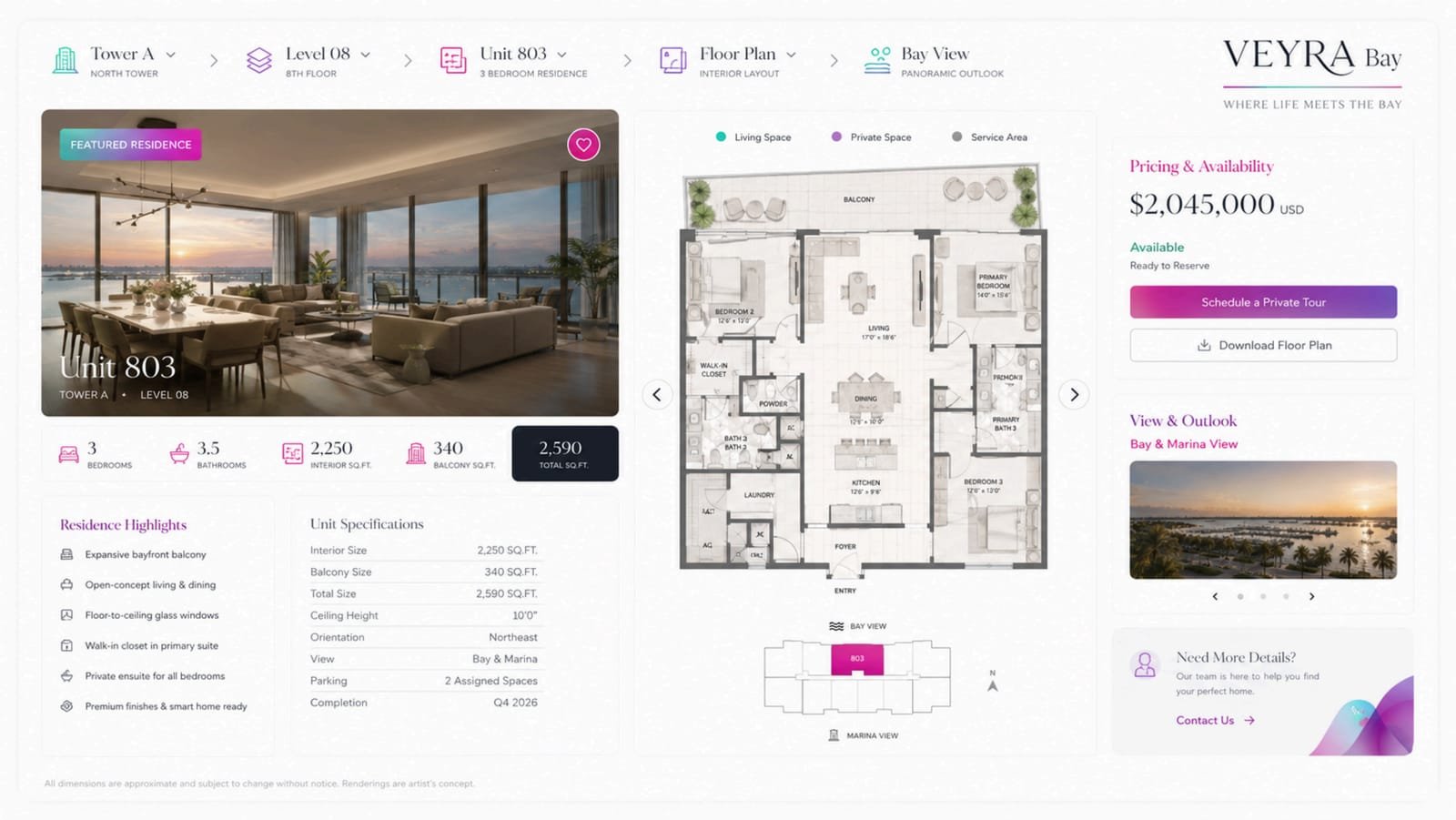 Residence detail: floor plan, position in the tower and views