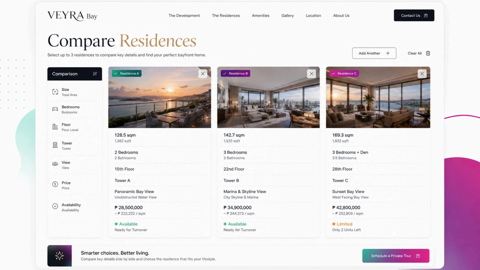 Comparing three residences side by side