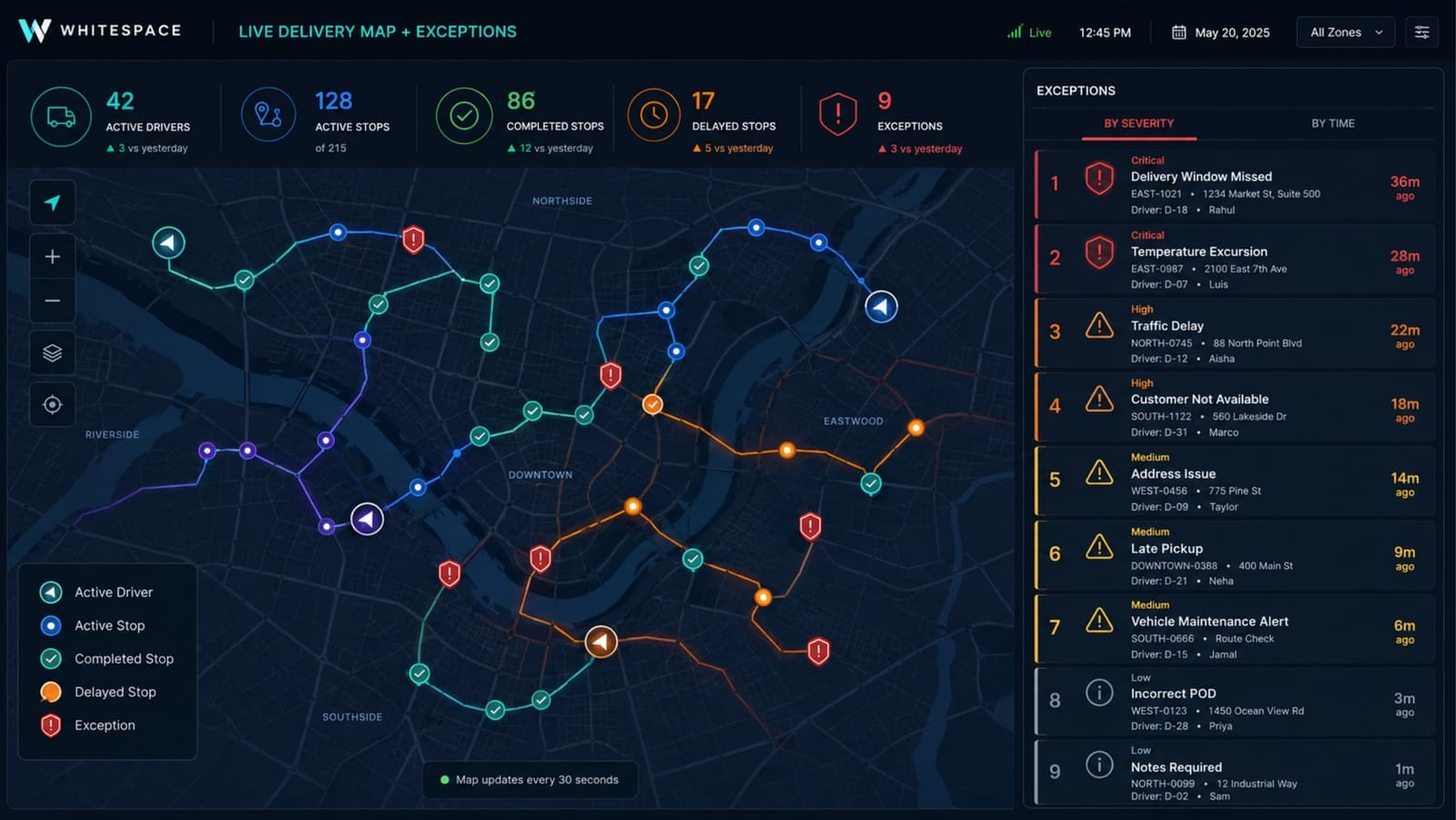 Whitespace's live delivery map with exceptions ranked by severity