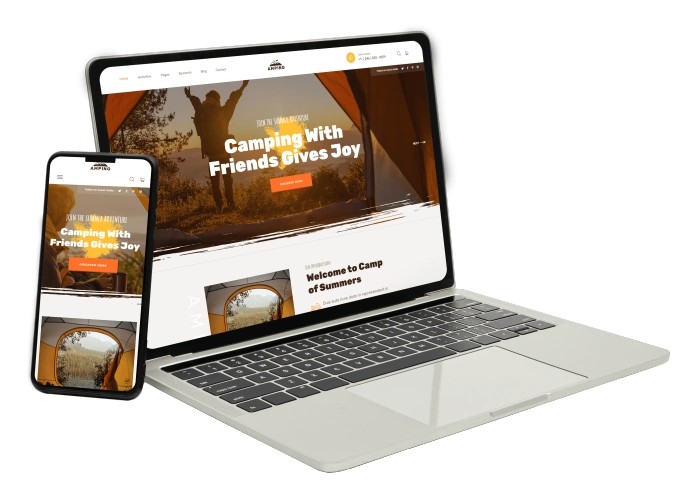 Custom website for a camping service, highlighting joy with friends in nature.