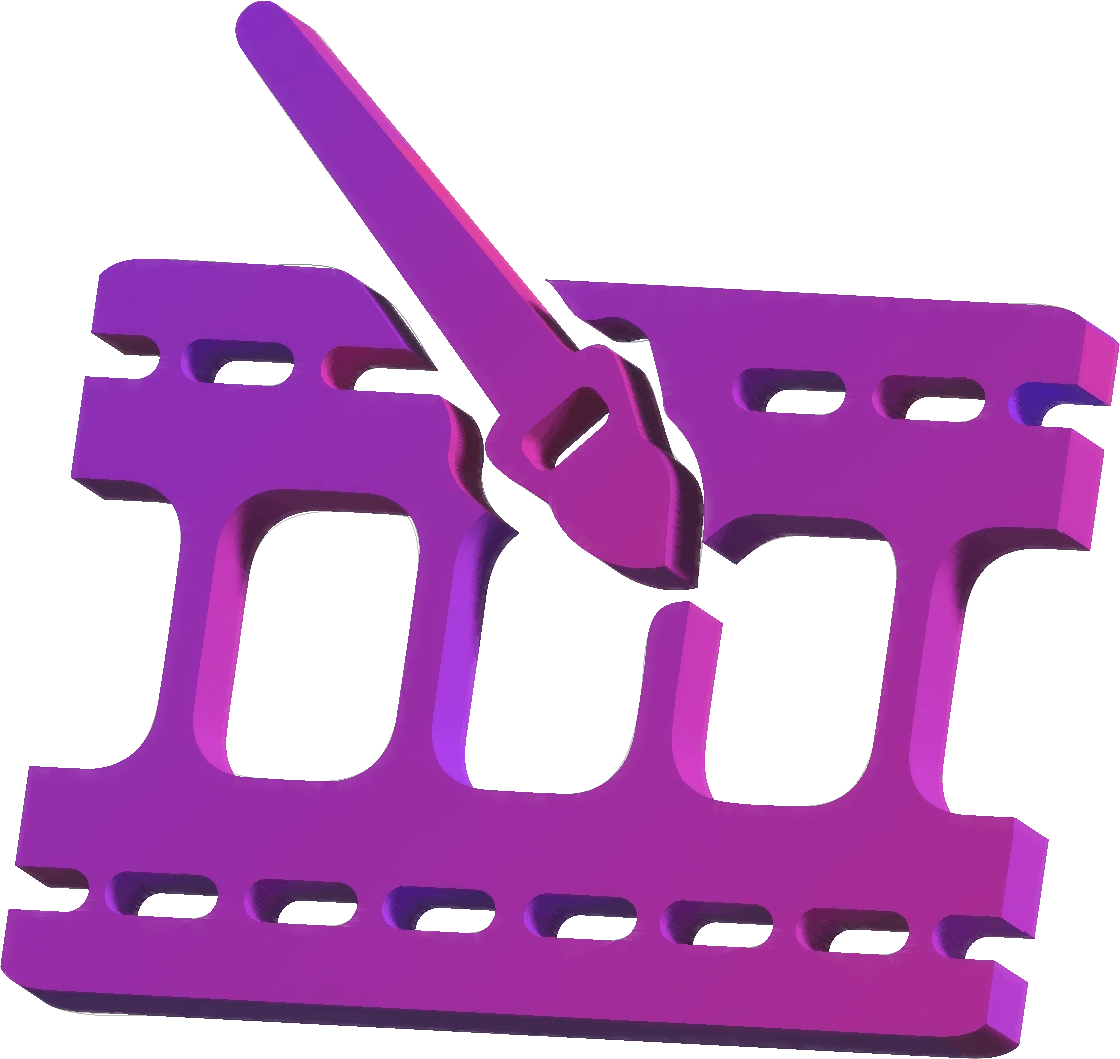 A 3D purple icon representing 2D and 3D animation services, featuring a filmstrip and pencil symbolizing animation creation and editing.