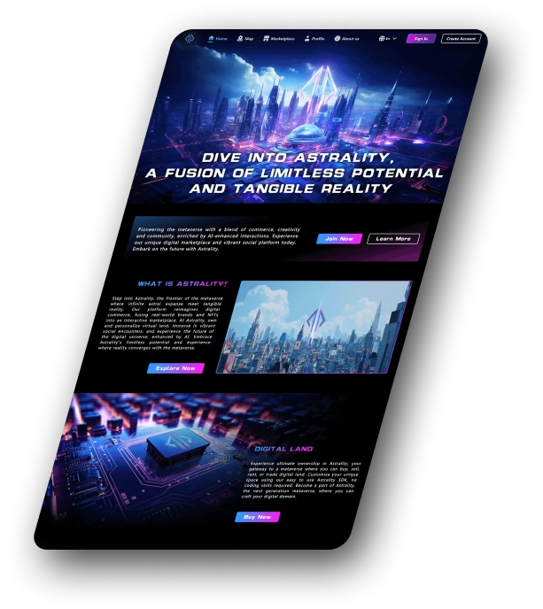 A futuristic website showcasing Astrality, with vibrant cityscapes and digital elements, inviting users to join, explore, or buy.