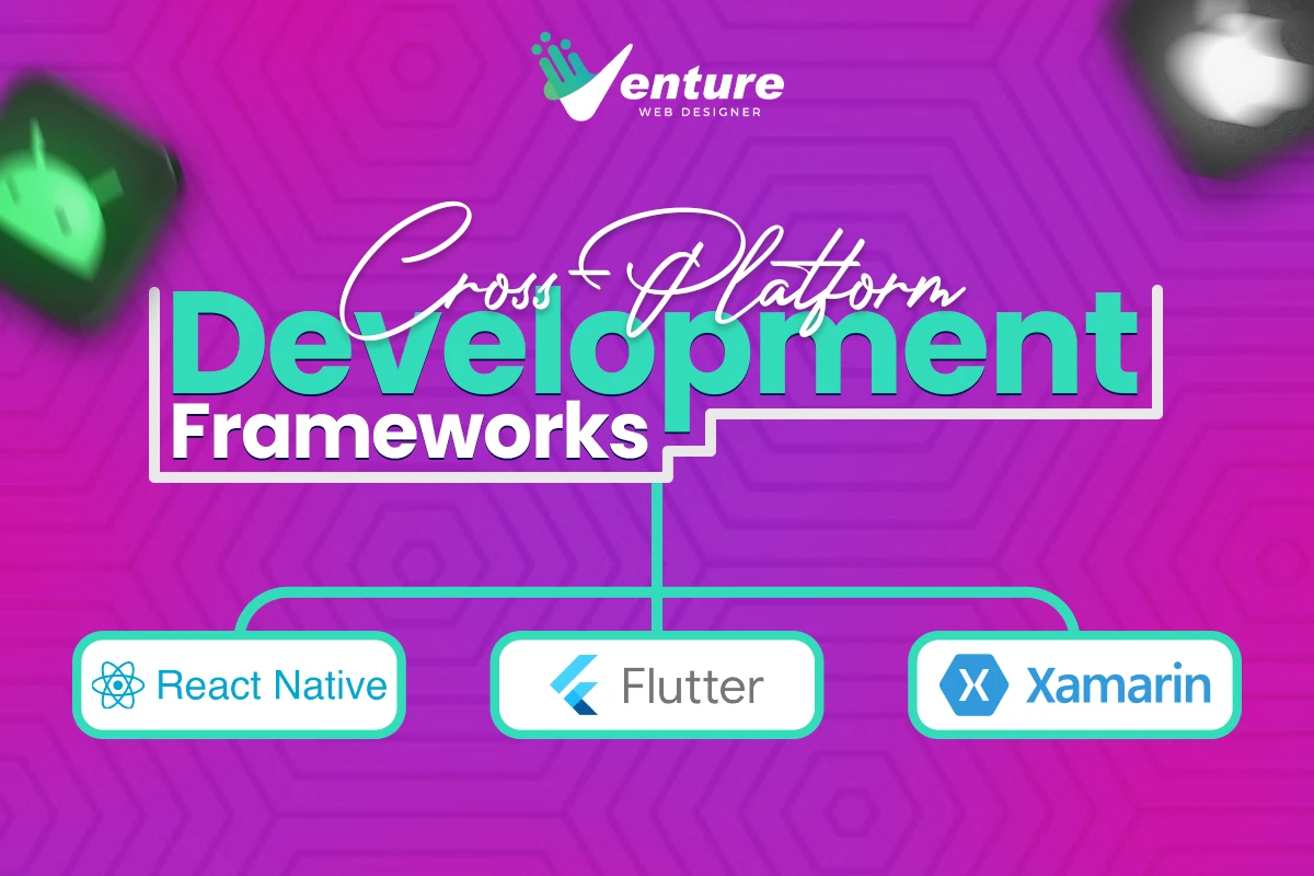 Infographic of cross-platform development tools, including React Native, Flutter, and Xamarin, for iOS and Android app development.