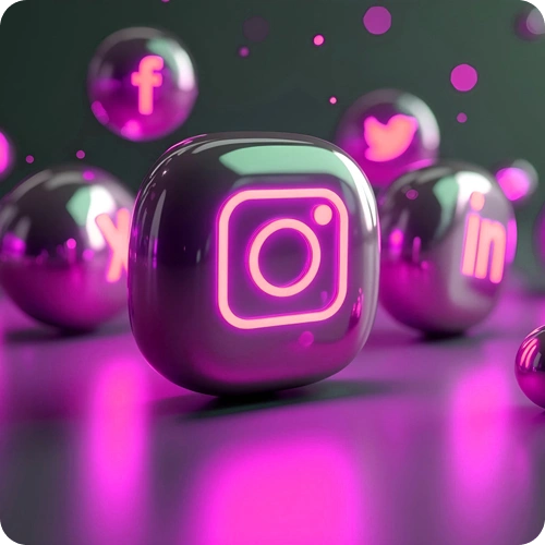 Glossy icons of social media platforms, including Instagram and LinkedIn, symbolizing transparent reporting in social media marketing.