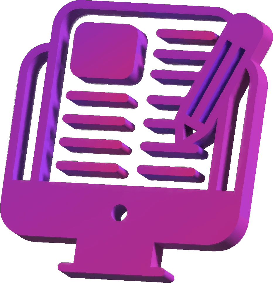 A 3D purple icon representing content writing services, featuring a computer screen and a pencil symbolizing writing and editing.