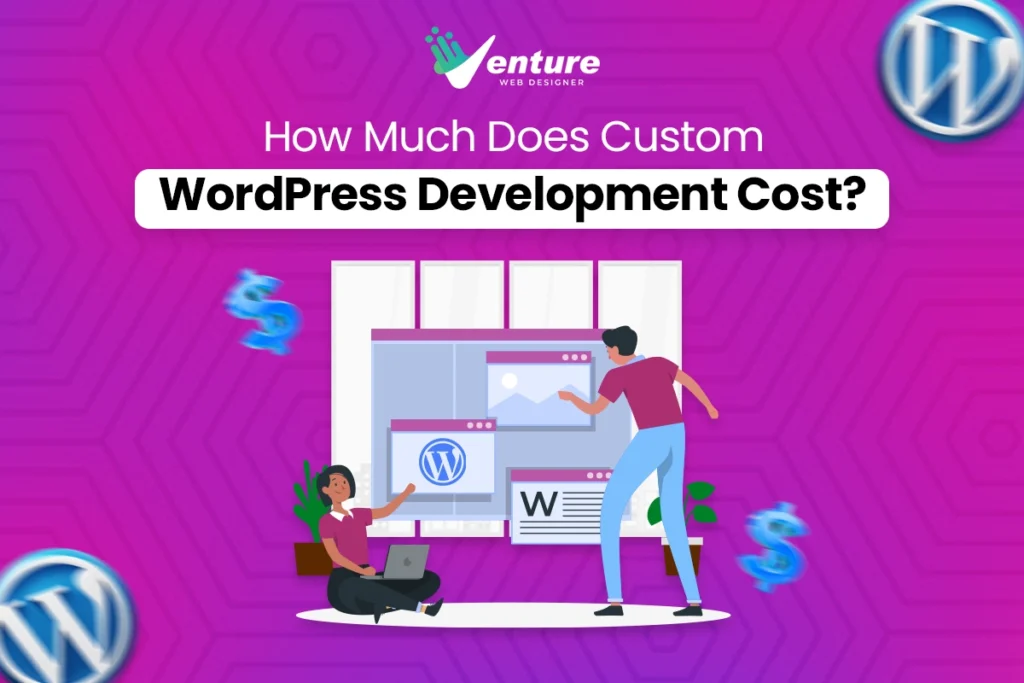 Illustration of two developers discussing custom WordPress website development services in a creative workspace with vibrant visuals.