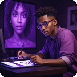 A creative designer wearing glasses, working on a digital tablet in a purple-themed workspace with a female portrait displayed on a monitor in the background.