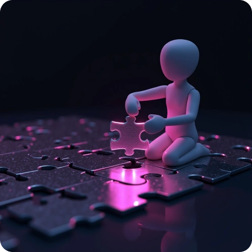 A figure assembling a glowing puzzle on a dark background, representing personalized social media marketing strategies for businesses.