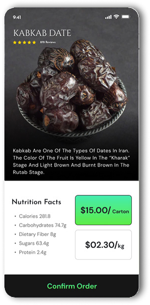 A detailed product page for Kabkab dates, showing nutrition facts, price per carton, and a 