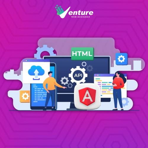 A compact graphic showcasing AngularJS, API, and HTML icons with developers collaborating, emphasizing the advantages of hiring dedicated AngularJS developers for streamlined web development projects.