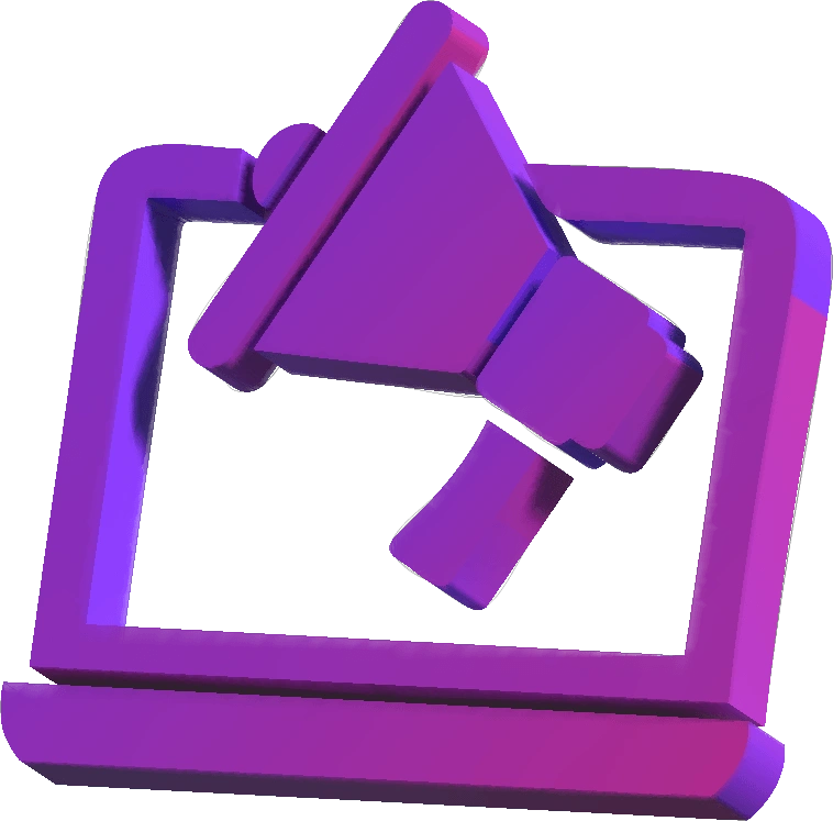A 3D purple icon representing digital marketing services, featuring a megaphone symbol inside a computer screen.