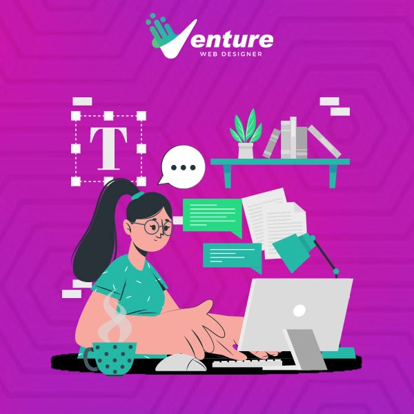 Illustration of a woman working on a laptop, representing professional email copywriting services for effective business campaigns.