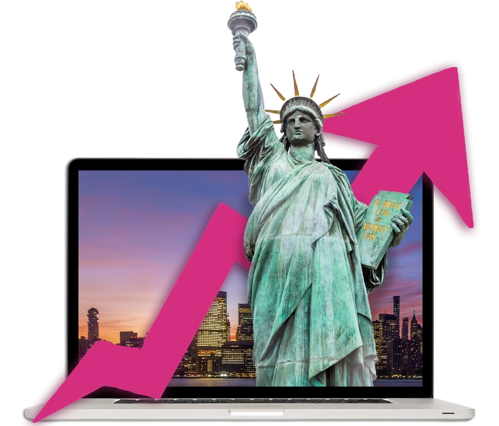 The Statue of Liberty emerging from a laptop screen with a vibrant pink upward arrow, symbolizing progress and innovation, representing the expertise of Venture Web Designer in driving business growth in New York.