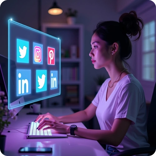 A focused woman working on a computer with holographic social media icons, highlighting expertise in social media strategies.