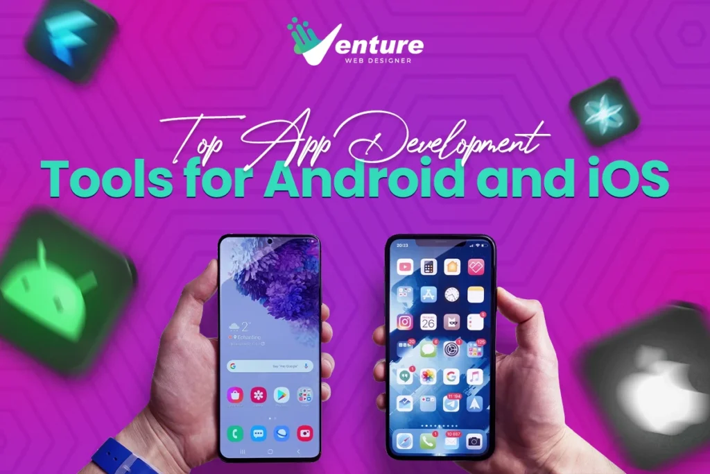 Hands holding Android and iOS devices, showcasing the best app development tools for creating apps across both platforms.