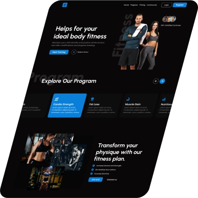A modern fitness website showcasing workout programs, including strength, fat loss, and muscle gain, with a focus on transformation and personalized plans.