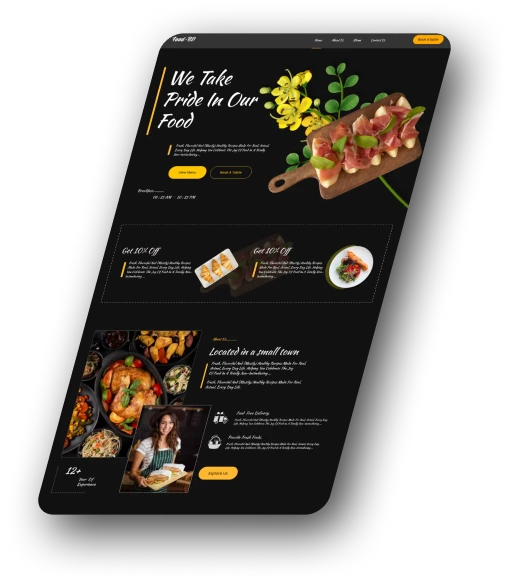 A modern restaurant website showcasing food promotions, dishes, and a staff member.