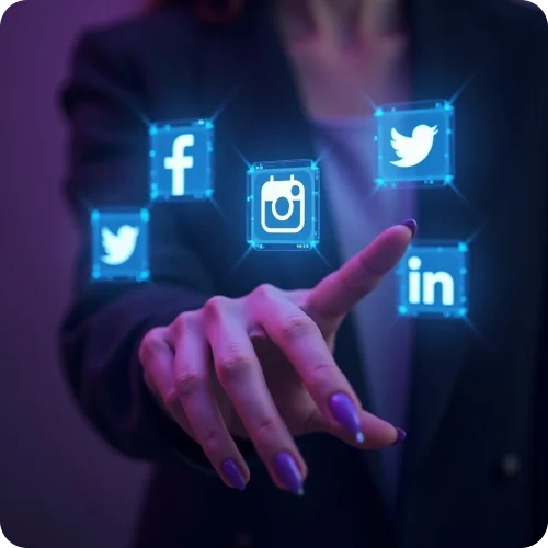 A hand interacting with glowing social media icons, showcasing advanced tools and strategies for social media marketing success.