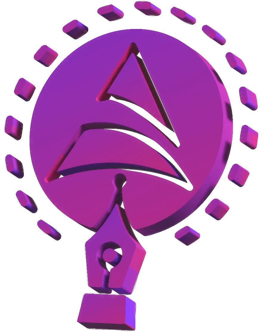 A 3D purple icon representing logo design services, featuring a stylized pen tool and geometric shapes symbolizing creativity and design.