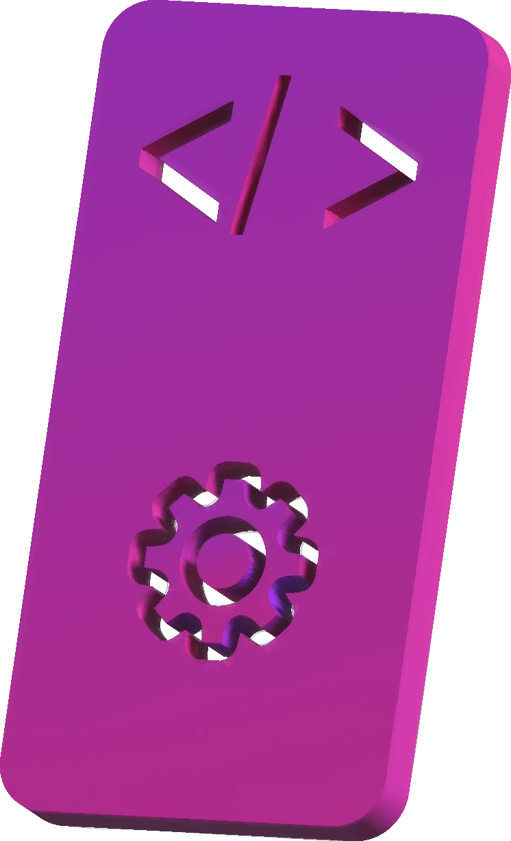 A 3D purple icon featuring code brackets and a gear symbol, representing mobile app design and development services.