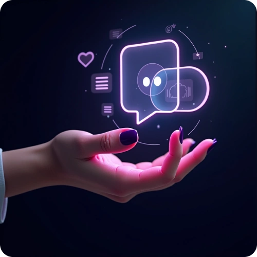 A glowing hand holding chat icons and analytics, symbolizing transparent communication and reporting in social media marketing services.