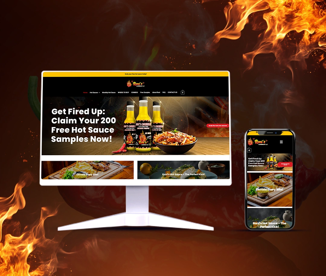 Desktop and mobile mockups of Rani's Caribbean LLC's website, featuring bold visuals, fiery elements, and a promotional banner for free hot sauce samples, showcasing the brand's transformed identity through Venture Web Designer's solutions.