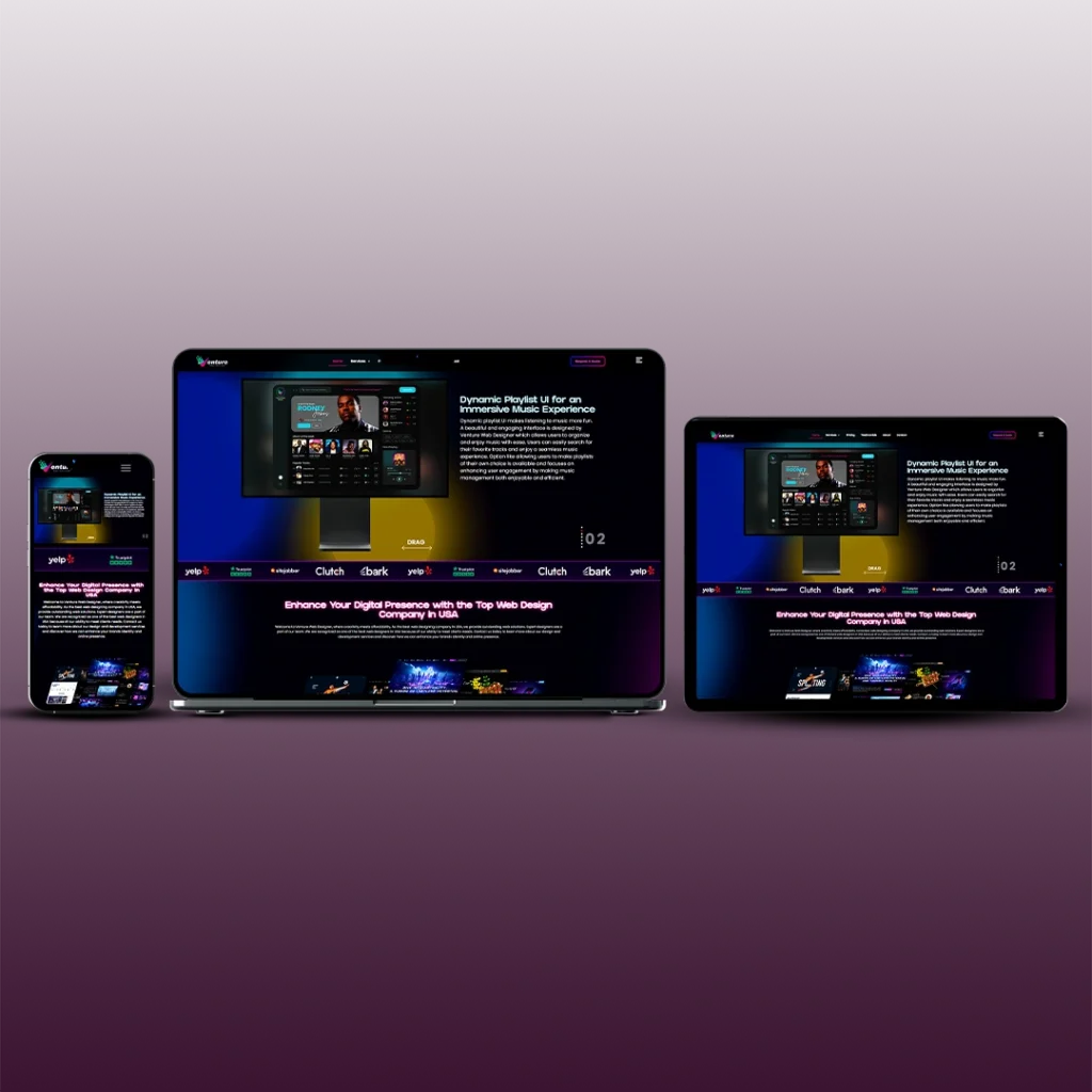 Mockups of Venture Web Designer's responsive website displayed on a smartphone, laptop, and tablet, highlighting the benefits of professional web design and development services with SEO-friendly, mobile-optimized solutions.