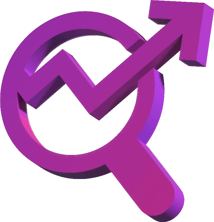 A 3D purple icon representing SEO services, featuring a magnifying glass and an upward trending graph symbolizing search optimization and growth