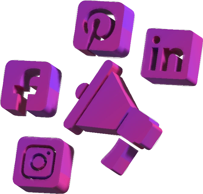 A 3D purple icon representing social media marketing services, featuring a megaphone symbol surrounded by logos of Facebook, Instagram, Pinterest, and LinkedIn.