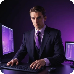 A professional man in a suit seated at a desk with dual monitors displaying code in a purple-lit environment, representing software development or IT work.