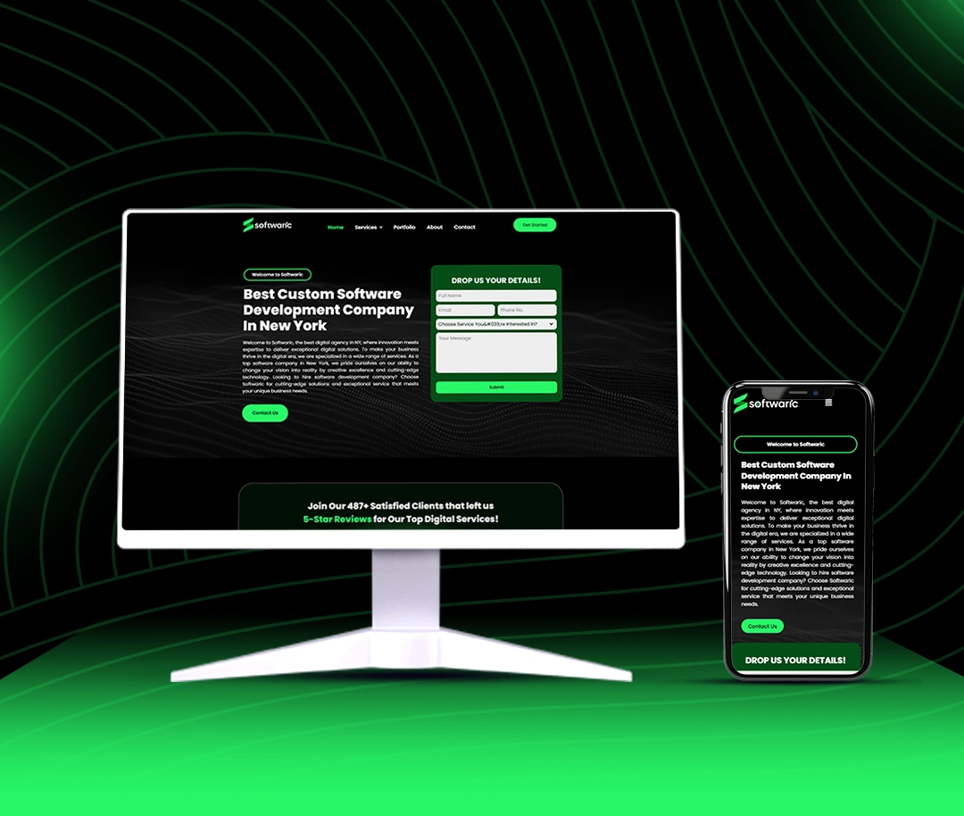 Desktop and mobile mockups of Softwaric's website, featuring a sleek black and green design with a contact form and emphasis on custom software solutions, highlighting the enhanced digital presence achieved through Venture Web Designer's expertise.