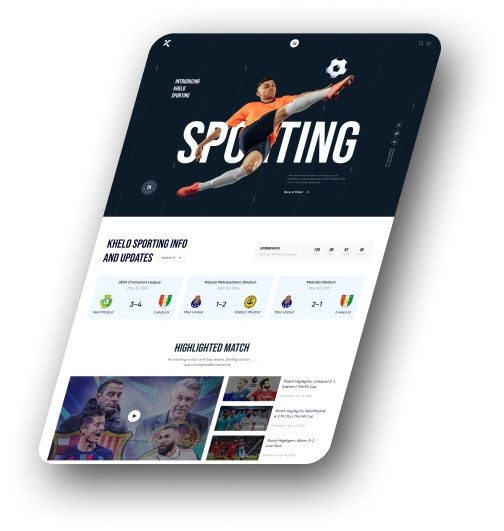 A dynamic sports website featuring match scores, updates, and highlighted matches, with a focus on soccer. The design includes team scores and video highlights of recent games.