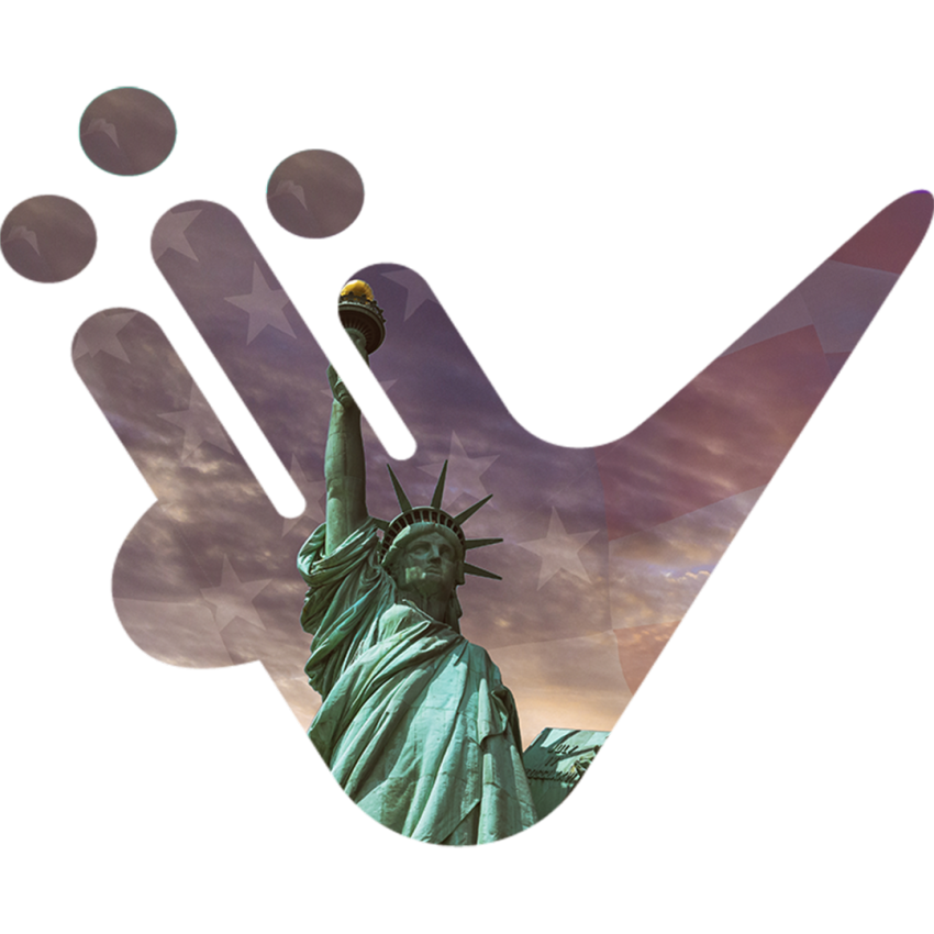 A cropped view of the Statue of Liberty with a glowing torch, layered beneath the vibrant design of the Venture Web Designer 'V' logo, representing creativity and innovation inspired by New York's iconic symbol.