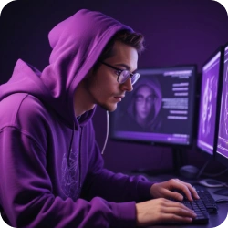 A focused young programmer in a purple hoodie and glasses working on multiple monitors in a dimly lit workspace, showcasing a modern tech environment.