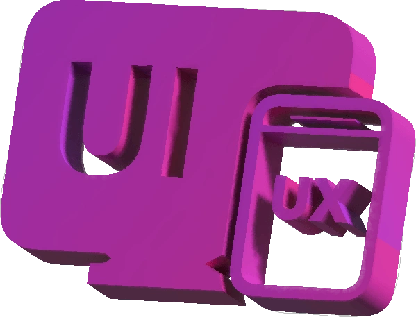 A 3D purple icon featuring the letters UI and UX, representing UI/UX design services with a mobile phone design element.