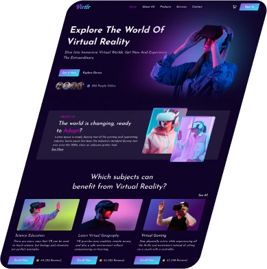 A website displaying virtual reality products and experiences with users wearing VR headsets.