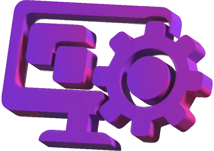 A 3D purple icon featuring a computer screen with blocks and a gear symbol, representing web design and development services.