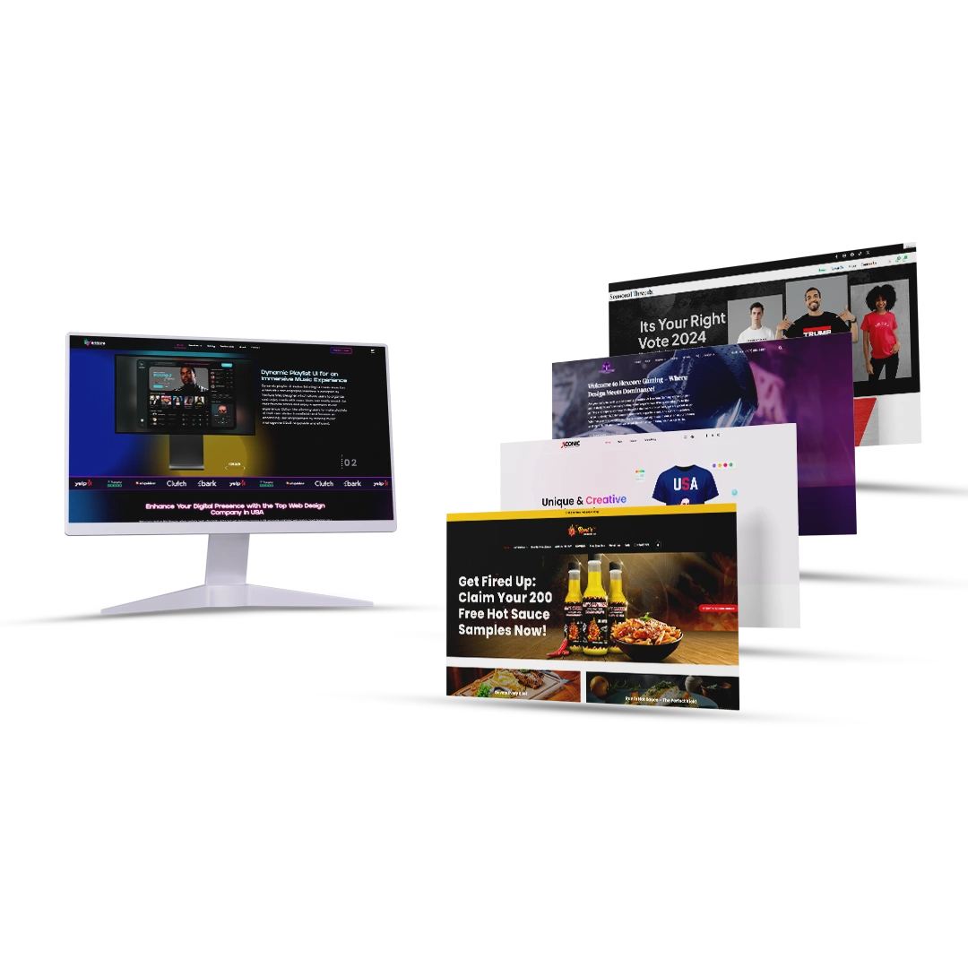 A collection of website mockups displayed on a monitor and overlapping layers, featuring dynamic designs created by Venture Web Designer, a web development company in New York, showcasing diverse industries and creative styles.