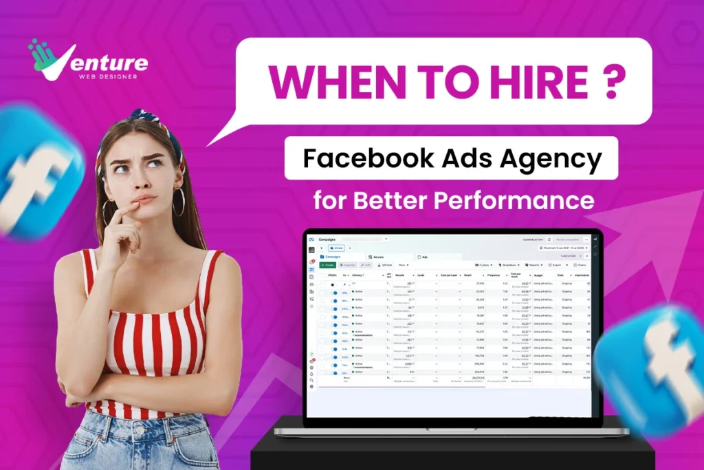 A thoughtful woman considering hiring a Facebook ads agency with a laptop displaying ad performance metrics and Facebook icons in the background.